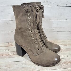 Miz Mooz Taupe Lace-Up Leather Ankle Boots with Front Zipper